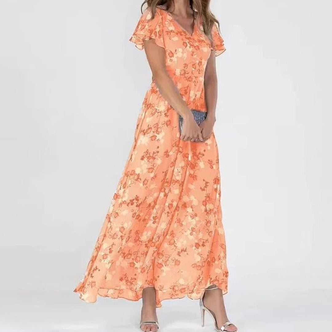 Women's Floral Chiffon Flutter-Sleeve Maxi Dress - Orange
