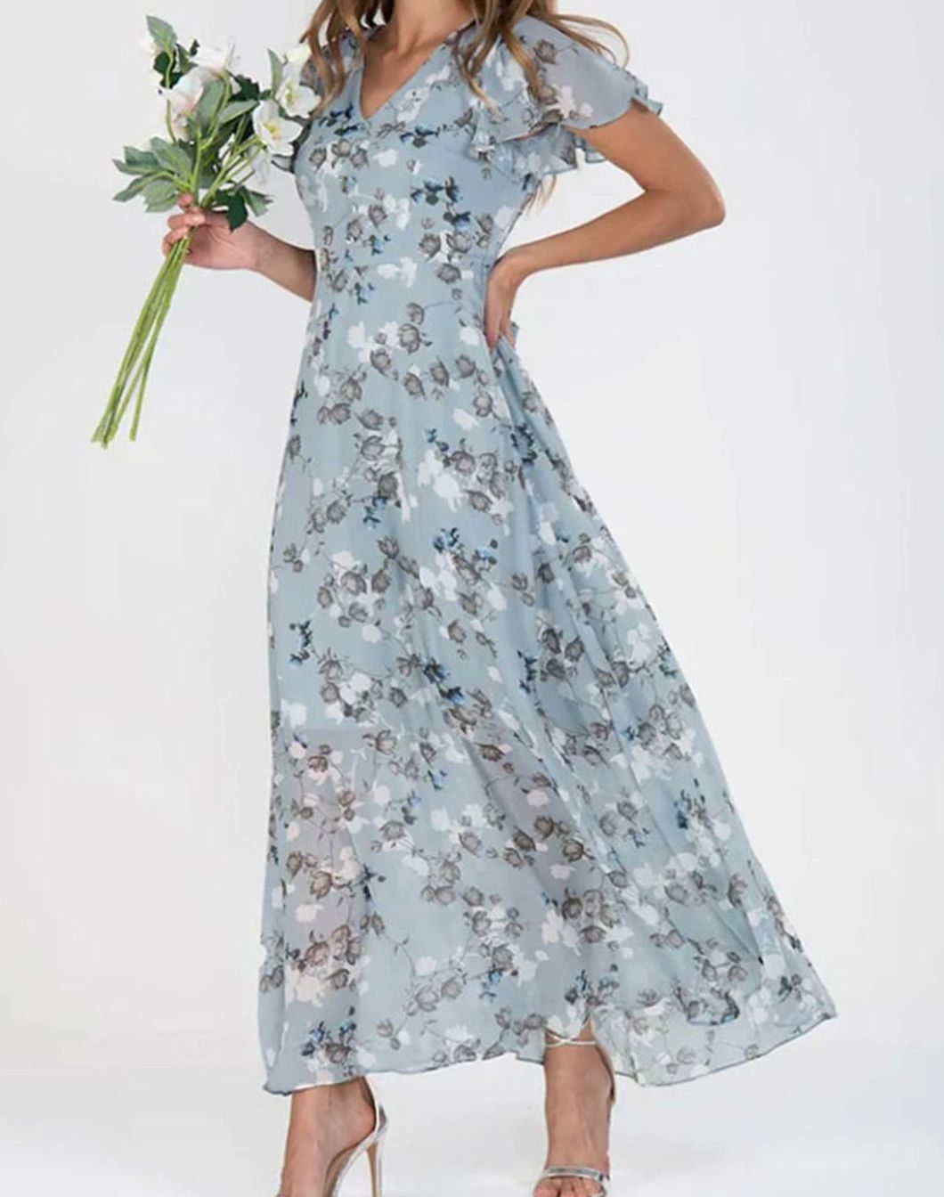 Women's Floral Chiffon Flutter-Sleeve V-Neck Maxi Dress