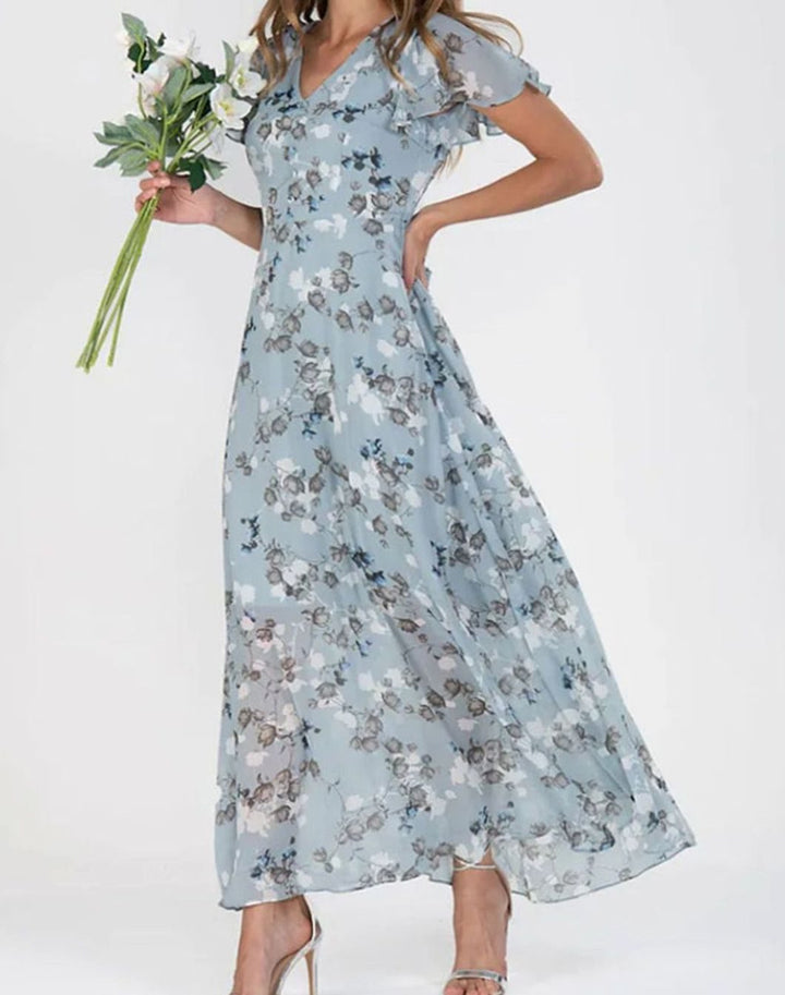 Women's Floral Chiffon Flutter-Sleeve V-Neck Maxi Dress