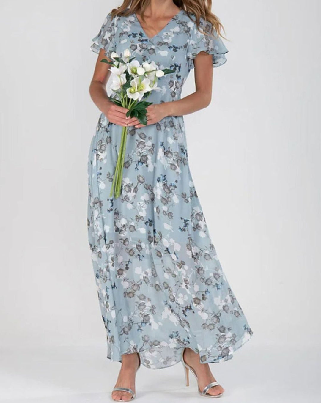 Women's Floral Chiffon Flutter-Sleeve V-Neck Maxi Dress