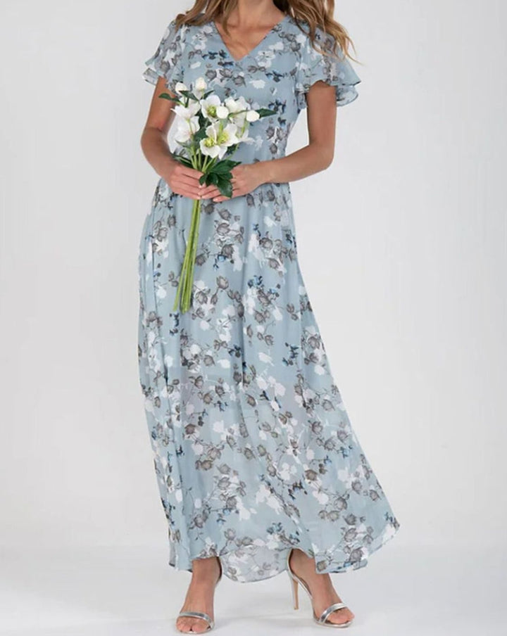Women's Floral Chiffon Flutter-Sleeve V-Neck Maxi Dress