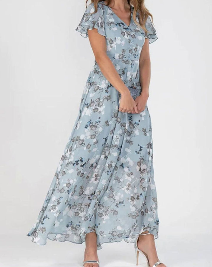 Women's Floral Chiffon Flutter-Sleeve V-Neck Maxi Dress - Blue