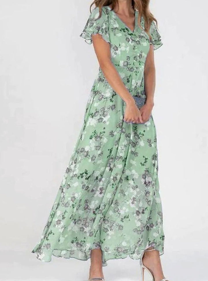 Women's Floral Chiffon Flutter-Sleeve V-Neck Maxi Dress - Green