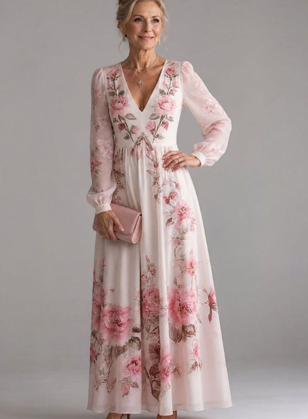 Women's Floral Chiffon Long Sleeve V-Neck Maxi Dress