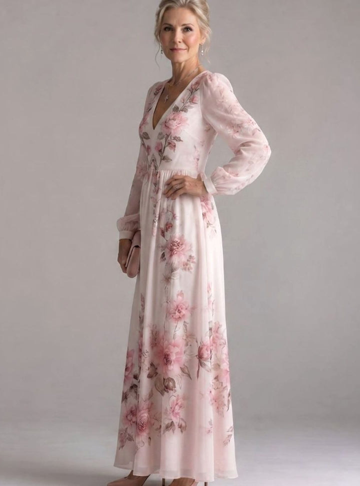 Women's Floral Chiffon Long Sleeve V-Neck Maxi Dress