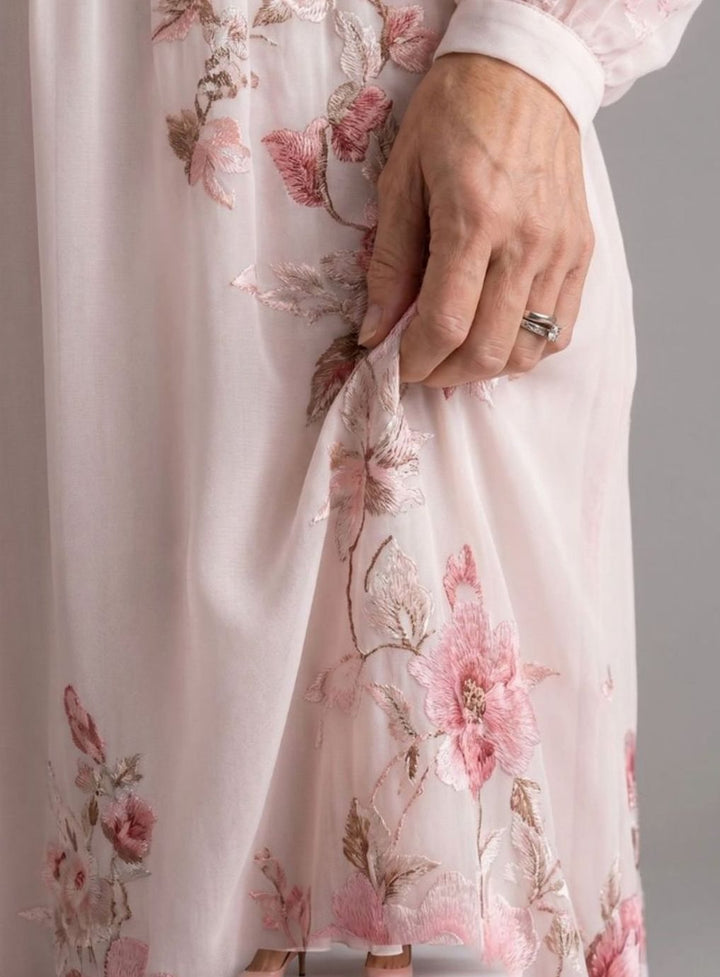 Women's Floral Chiffon Long Sleeve V-Neck Maxi Dress, Blush Pink