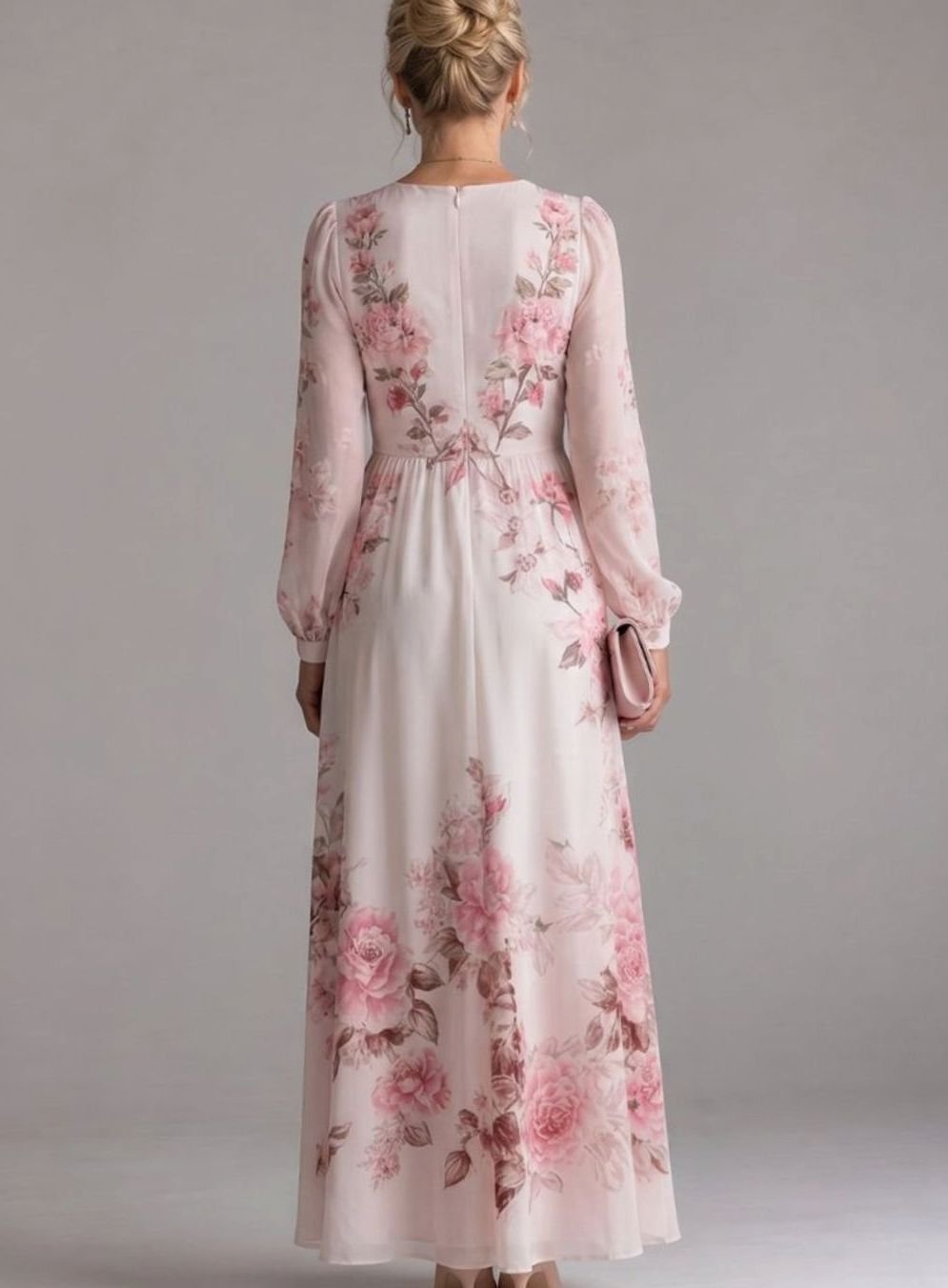 Women's Floral Chiffon Long Sleeve V-Neck Maxi Dress, Blush Pink