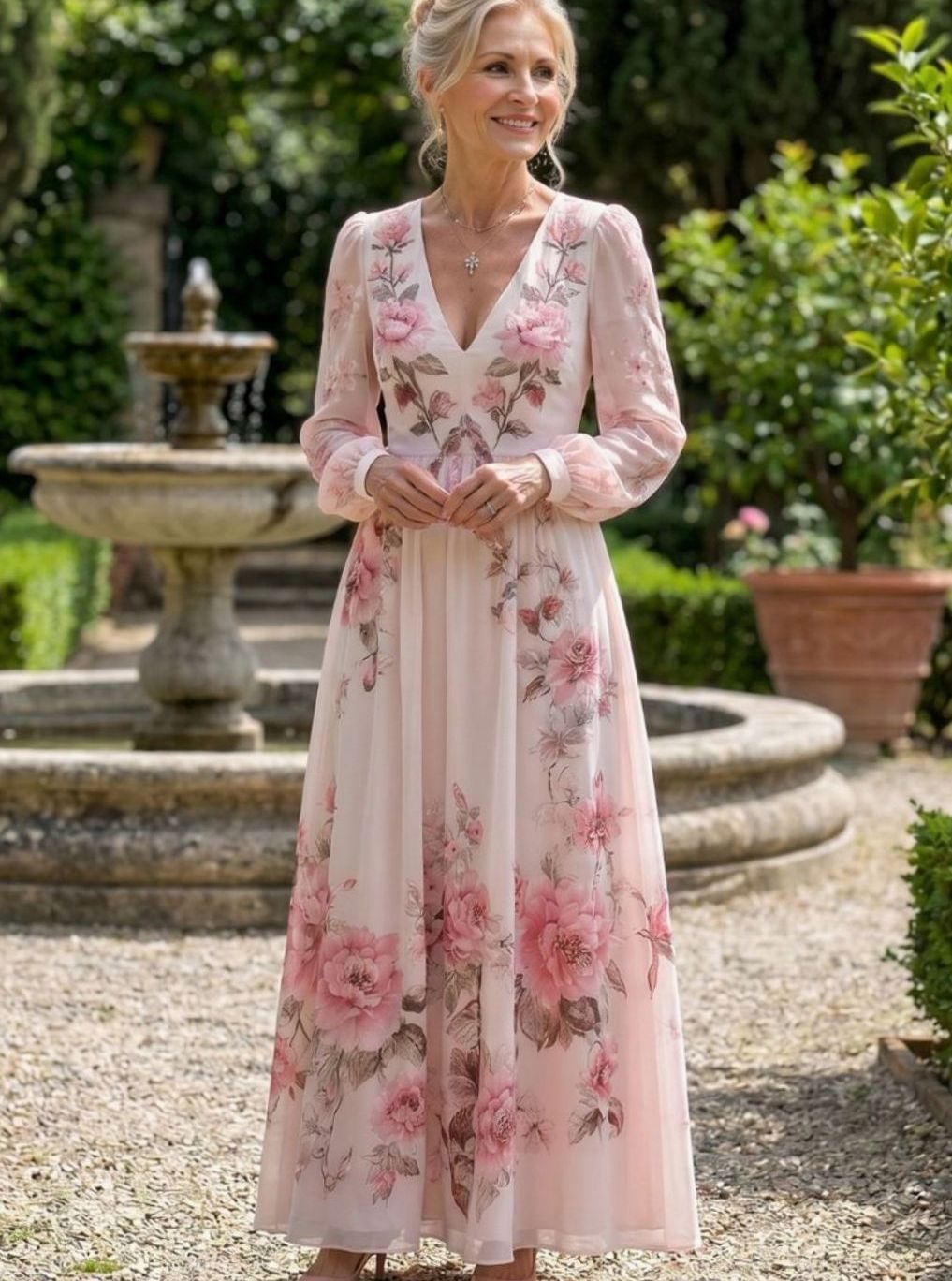 Women's Floral Chiffon Long Sleeve V-Neck Maxi Dress, Blush Pink