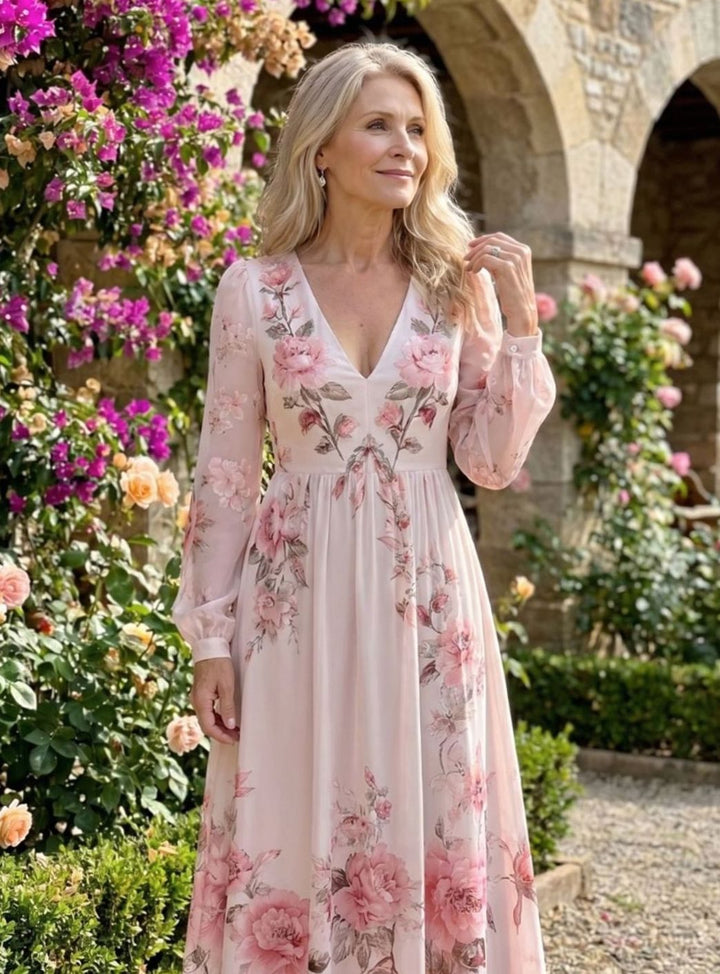 Women's Floral Chiffon Long Sleeve V-Neck Maxi Dress, Blush Pink