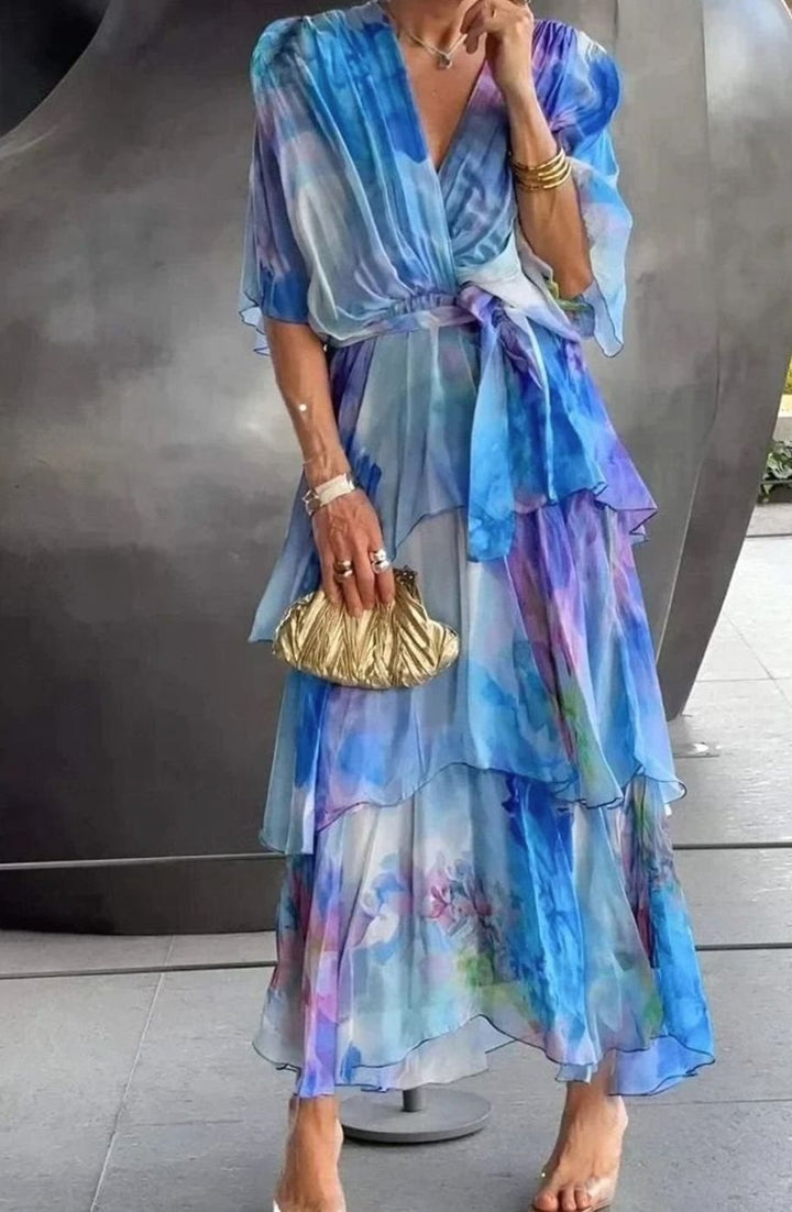 Women's Floral Chiffon Wrap-Front Tiered Ruffle Midi Dress