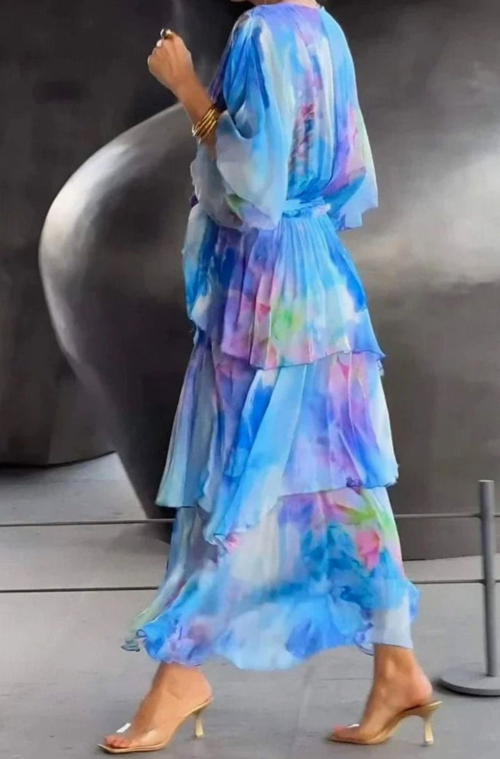 Women's Floral Chiffon Wrap-Front Tiered Ruffle Midi Dress