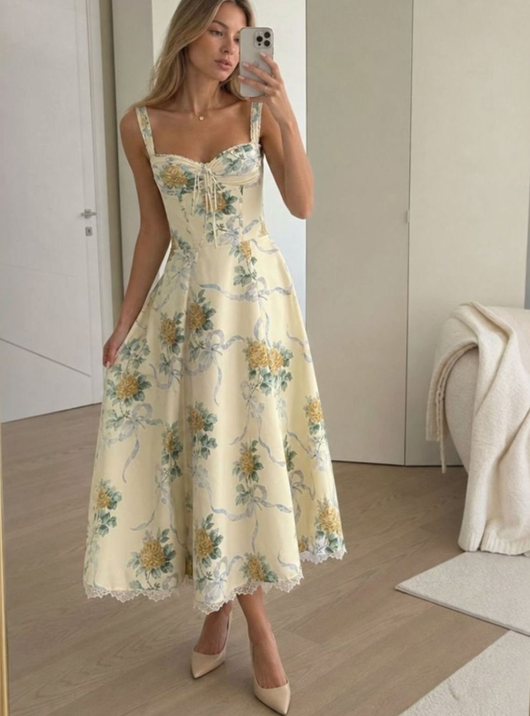 Women's Floral Cotton Corset Bodice Lace-Trim Midi Dress