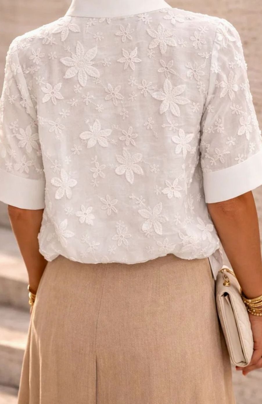 Women's Floral Embroidered Mock-Neck Short-Sleeve Blouse
