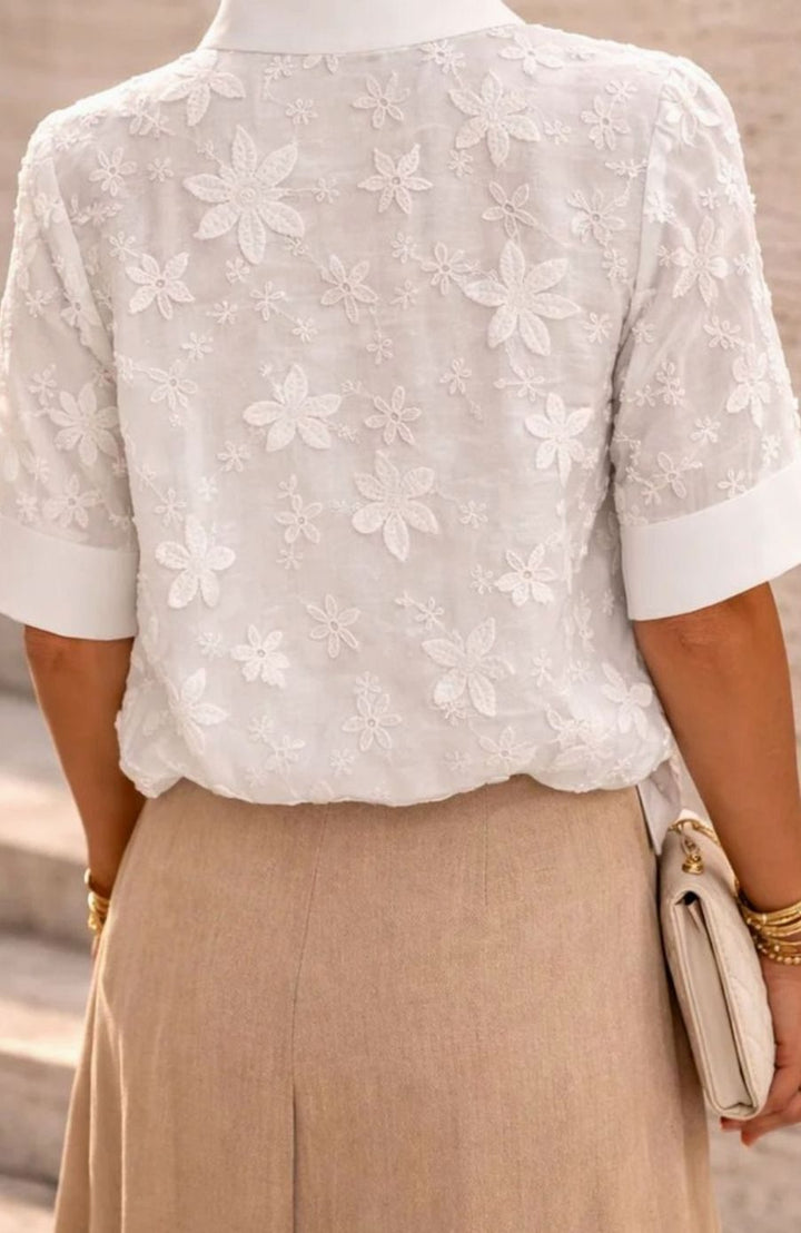 Women's Floral Embroidered Mock-Neck Short-Sleeve Blouse