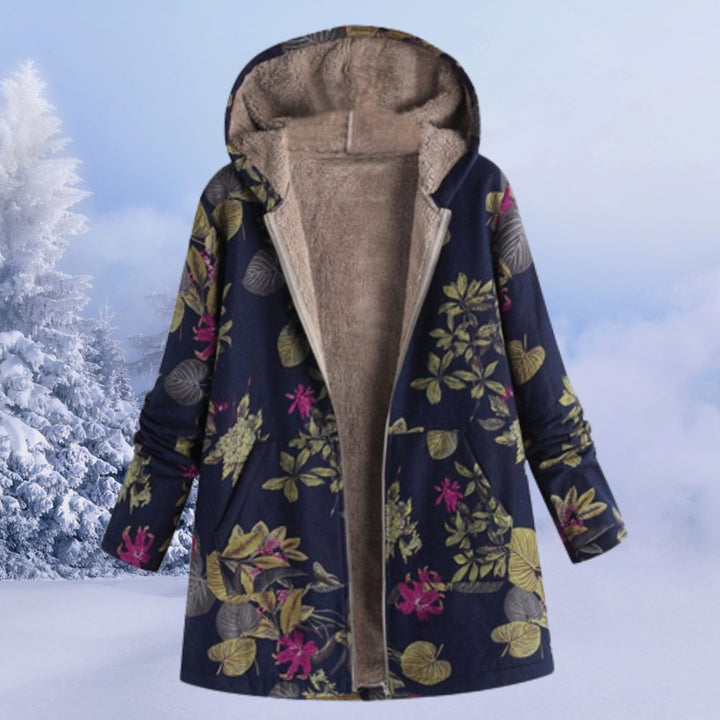 Women's Floral Fleece-Lined Hooded Winter Coat - Navy Blue