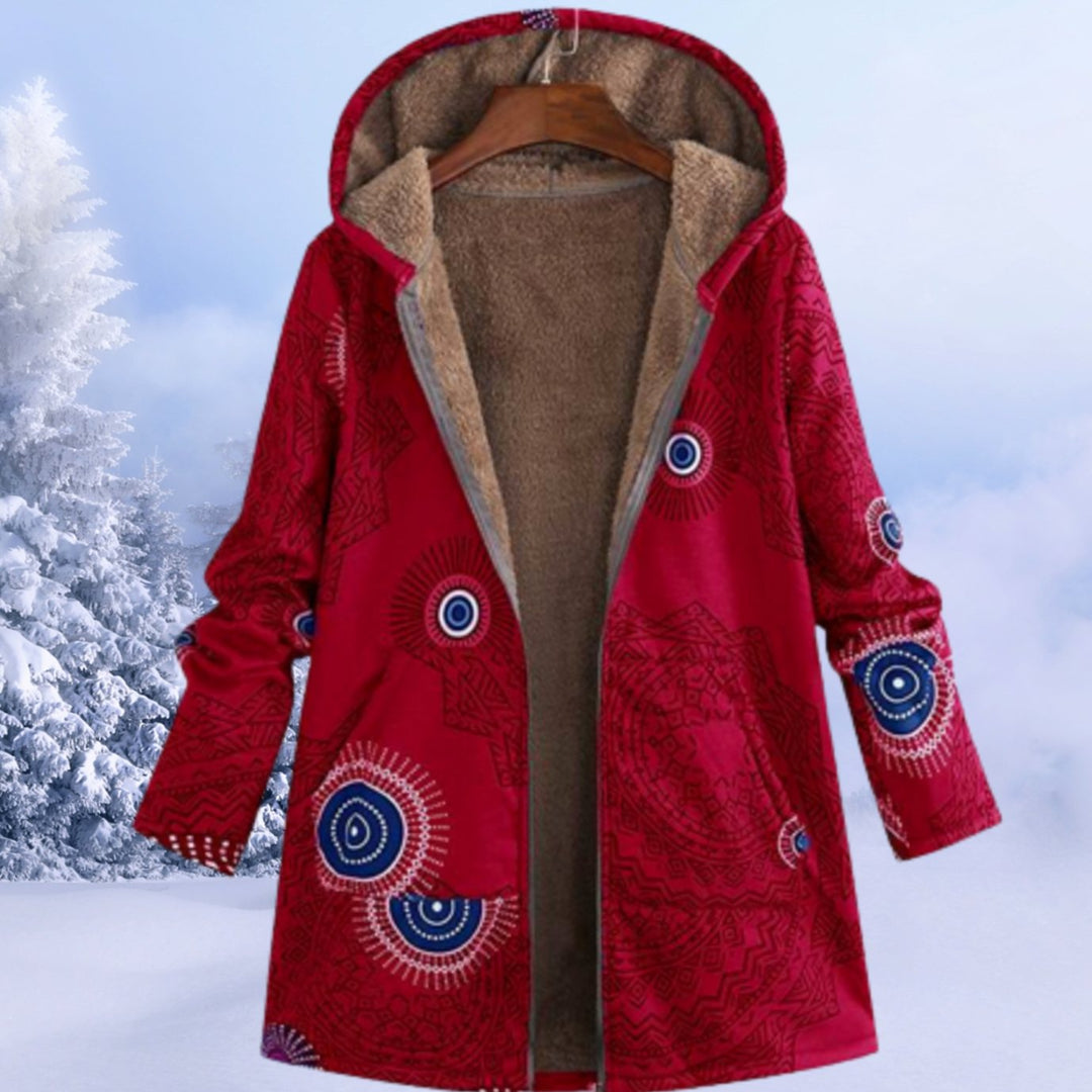 Women's Floral Fleece-Lined Hooded Winter Coat - Pink Red