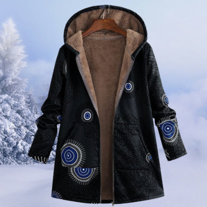Women's Floral Fleece-Lined Hooded Winter Coat - Black