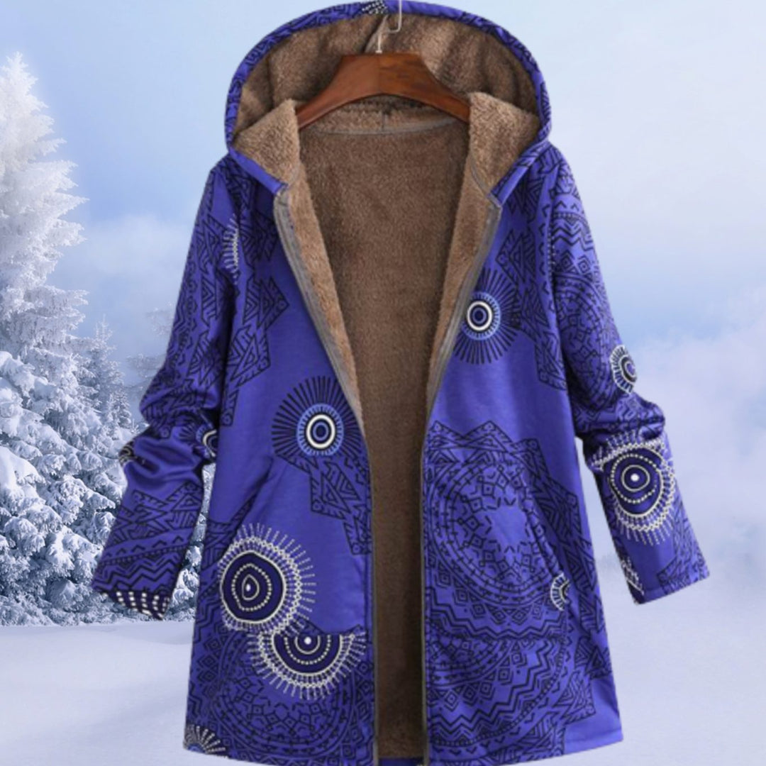 Women's Floral Fleece-Lined Hooded Winter Coat - Blue