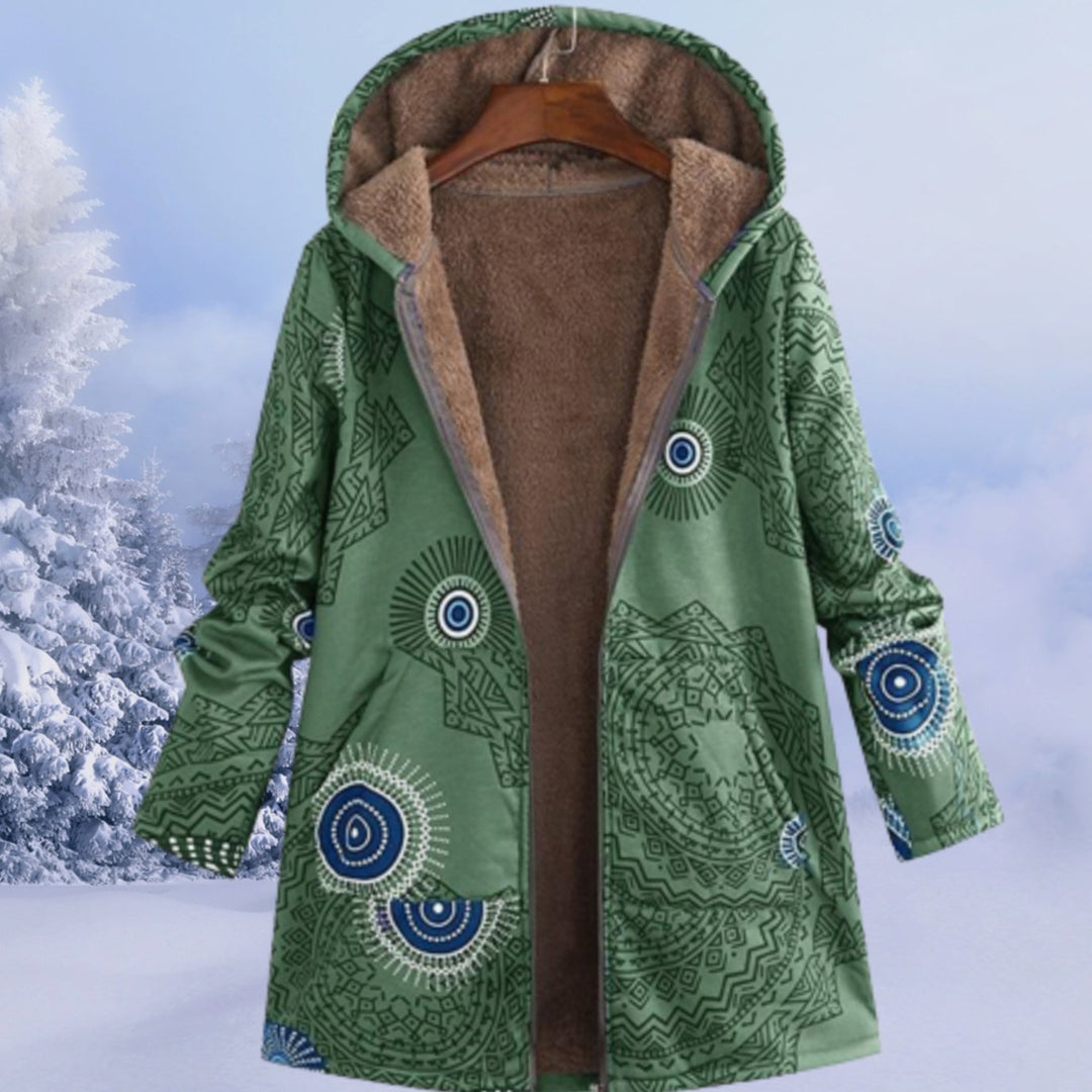 Women's Floral Fleece-Lined Hooded Winter Coat - Green