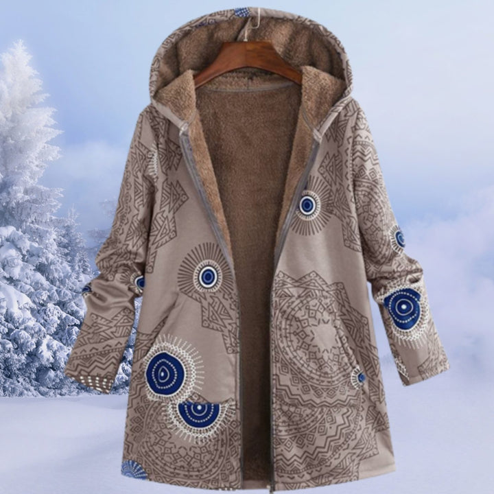 Women's Floral Fleece-Lined Hooded Winter Coat - Khaki