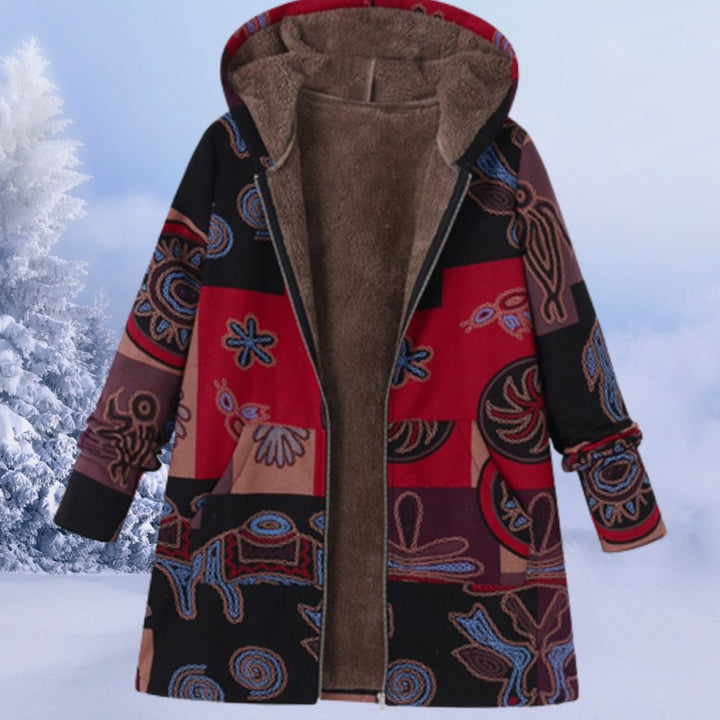 Women's Floral Fleece-Lined Hooded Winter Coat - Burgundy