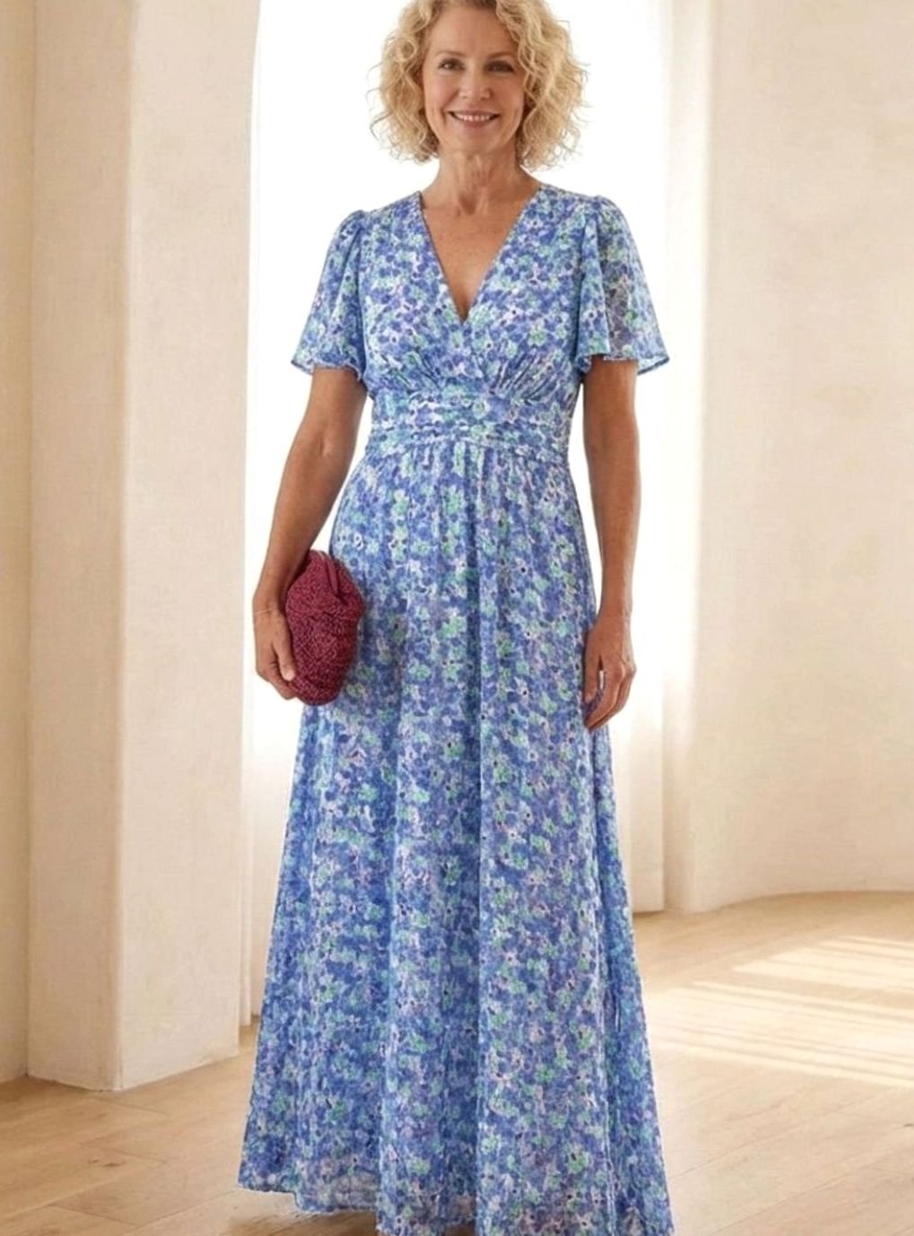 Women's Floral Flutter-Sleeve Gathered-Waist Maxi Day Dress