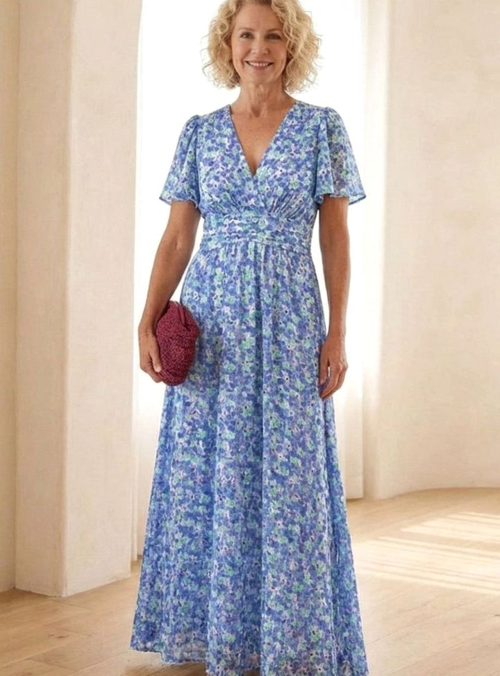 Women's Floral Flutter-Sleeve Gathered-Waist Maxi Day Dress