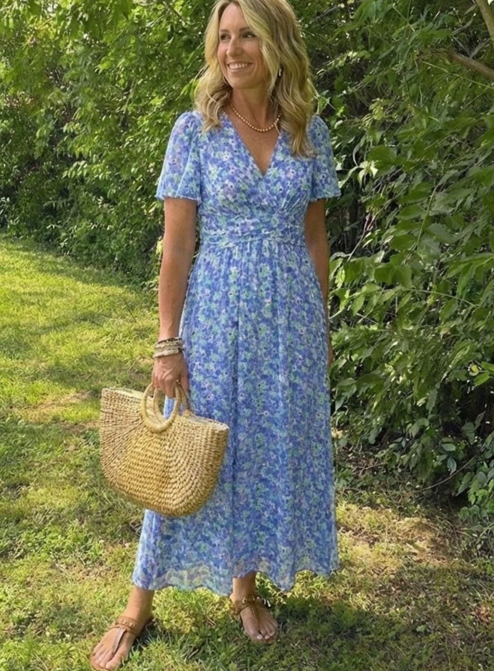 Women's Floral Flutter-Sleeve Gathered-Waist Maxi Day Dress