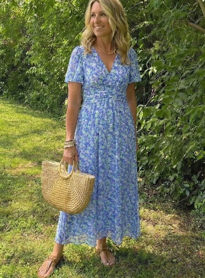 Women's Floral Flutter-Sleeve Gathered-Waist Maxi Day Dress
