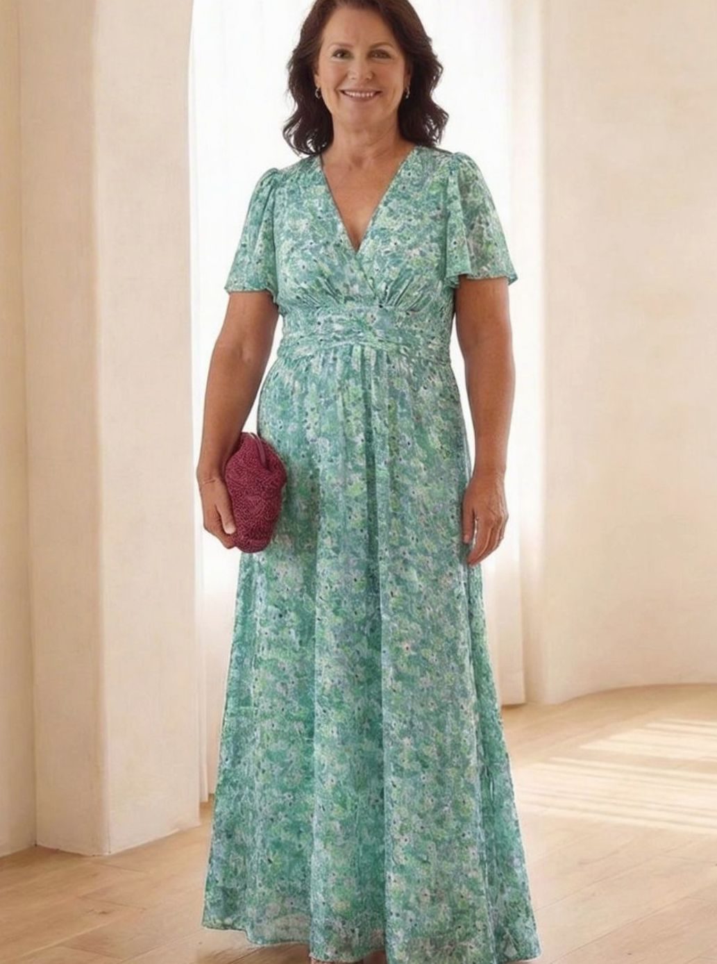 Women's Floral Flutter-Sleeve Gathered-Waist Maxi Day Dress