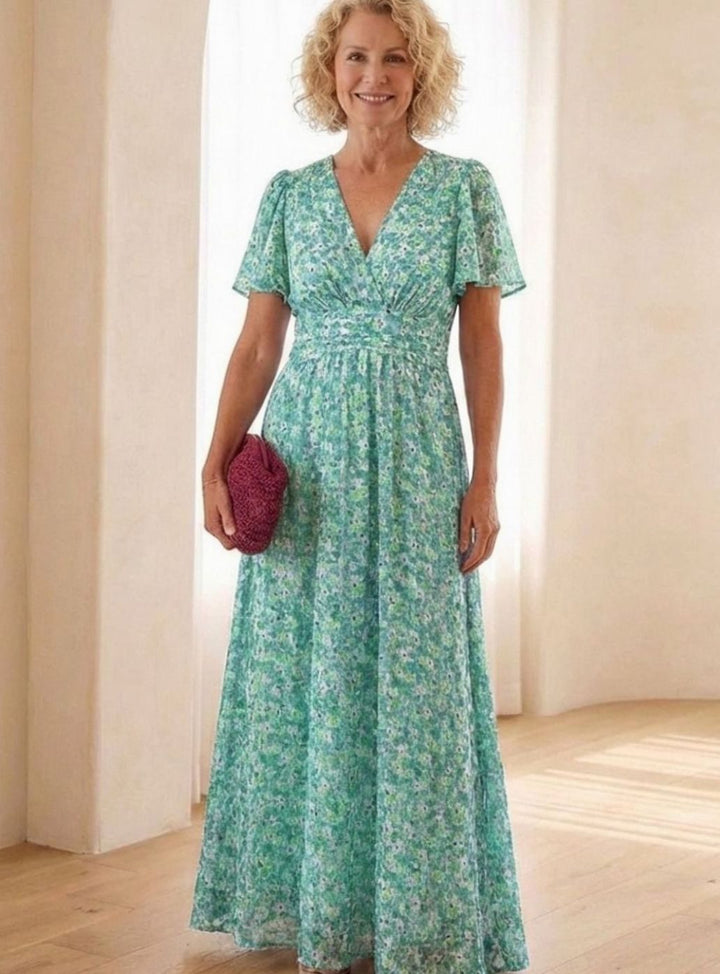 Women's Floral Flutter-Sleeve Gathered-Waist Maxi Day Dress