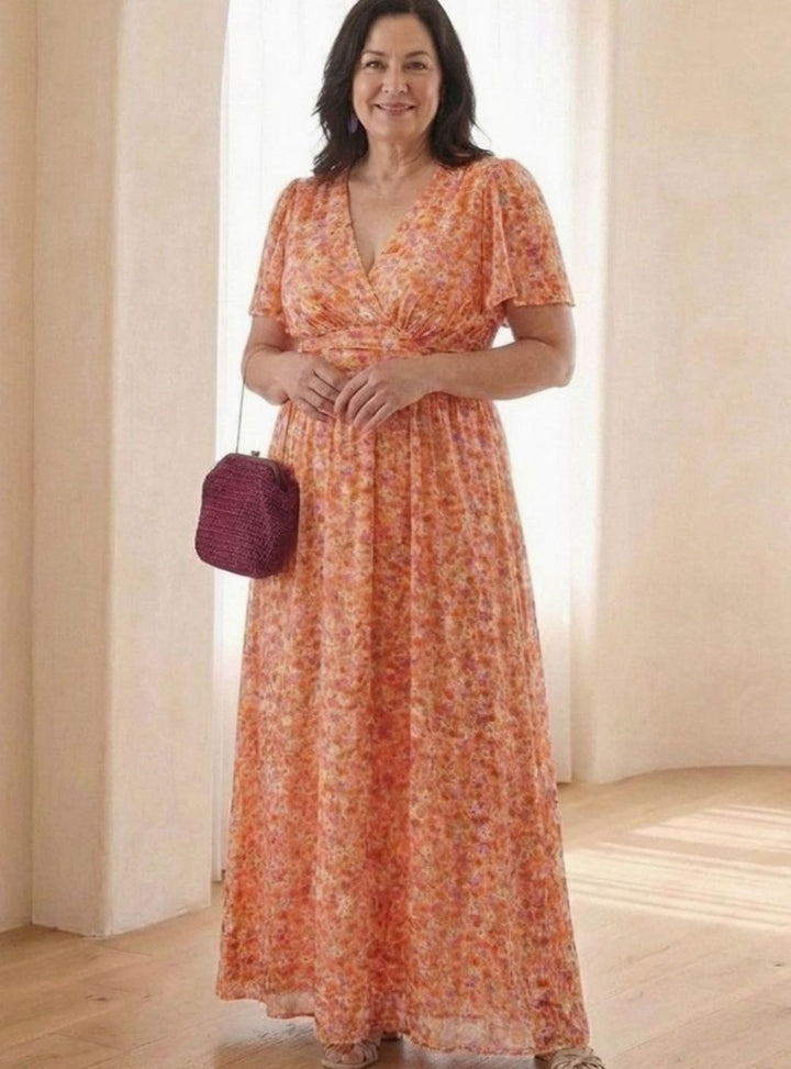 Women's Floral Flutter-Sleeve Gathered-Waist Maxi Day Dress