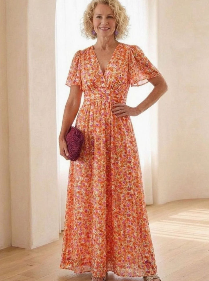 Women's Floral Flutter-Sleeve Gathered-Waist Maxi Day Dress