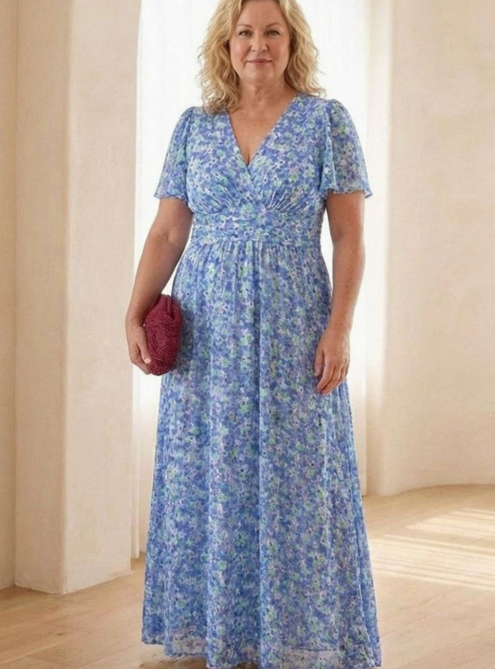 Women's Floral Flutter-Sleeve Gathered-Waist Maxi Day Dress, Sky Blue