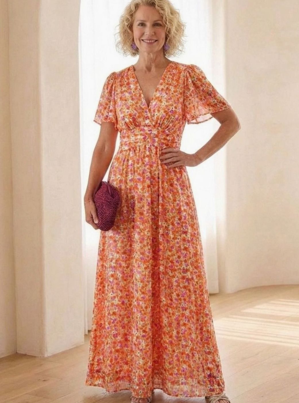 Women's Floral Flutter-Sleeve Gathered-Waist Maxi Day Dress, Sky Blue