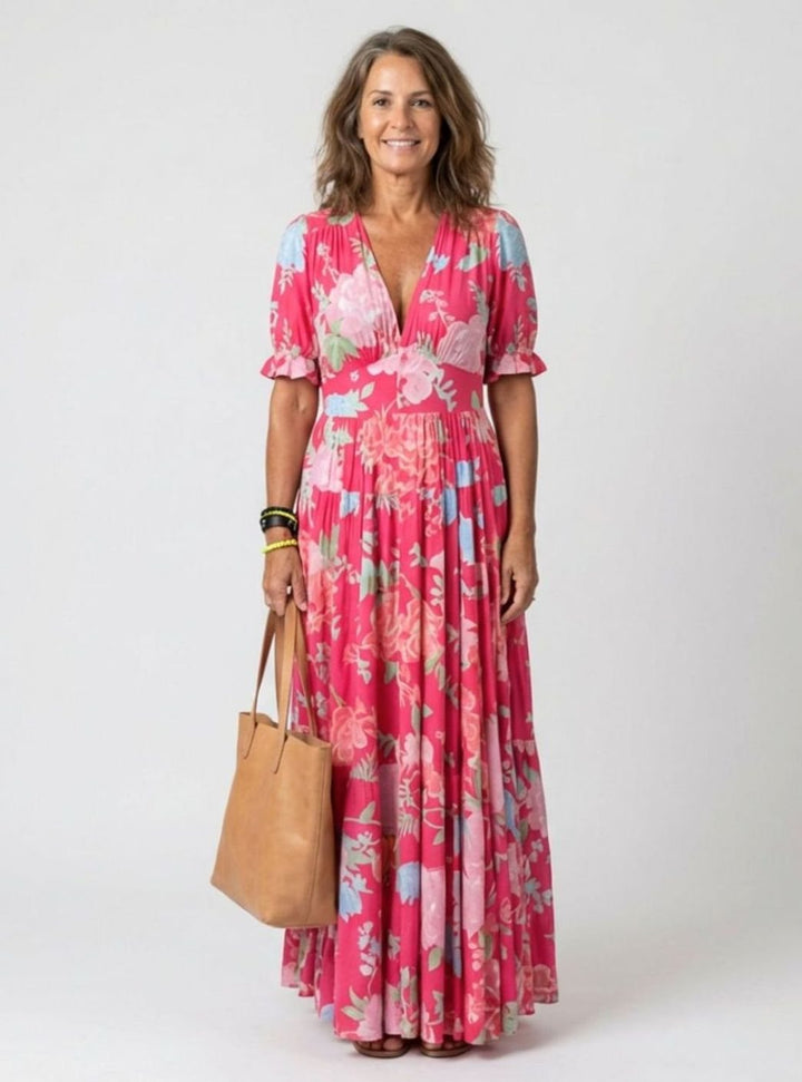 Women's Floral Flutter Sleeve V-Neck Gathered Waist Maxi Dress