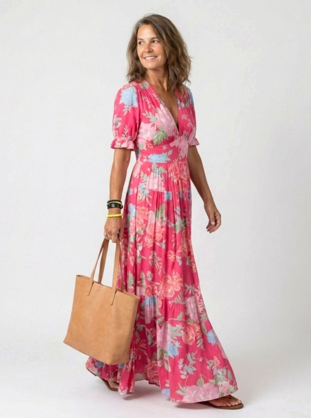 Women's Floral Flutter Sleeve V-Neck Gathered Waist Maxi Dress