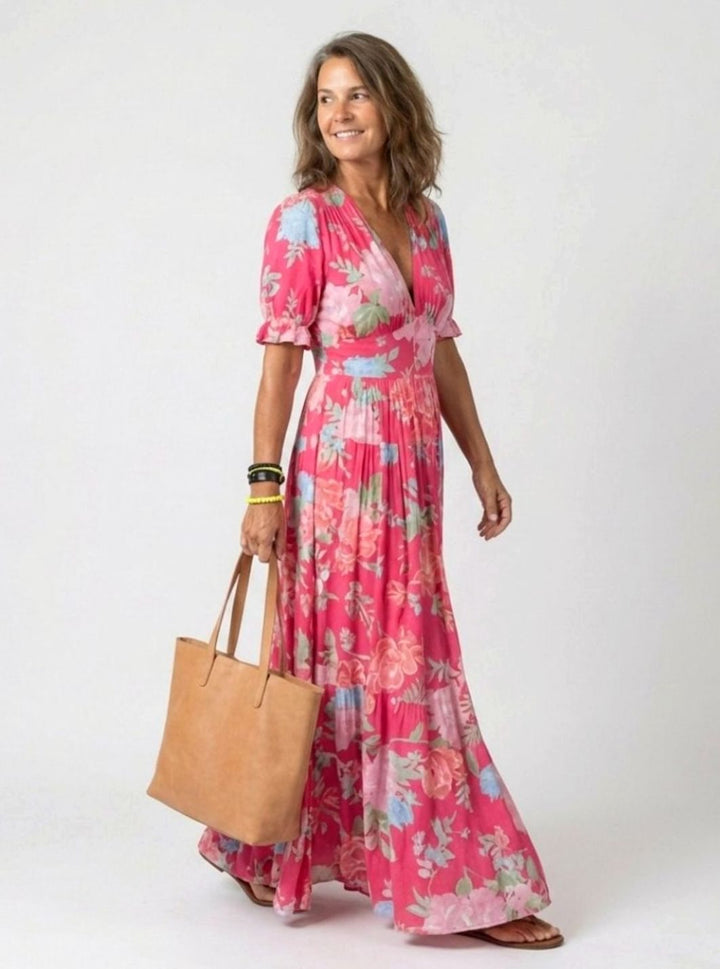 Women's Floral Flutter Sleeve V-Neck Gathered Waist Maxi Dress
