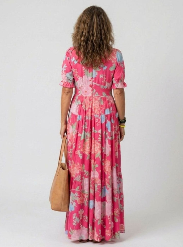 Women's Floral Flutter Sleeve V-Neck Gathered Waist Maxi Dress