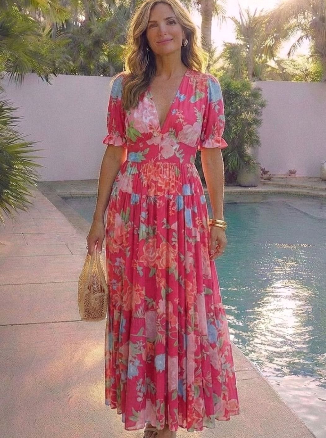 Women's Floral Flutter Sleeve V-Neck Gathered Waist Maxi Dress