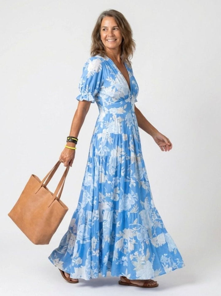 Women's Floral Flutter Sleeve V-Neck Gathered Waist Maxi Dress