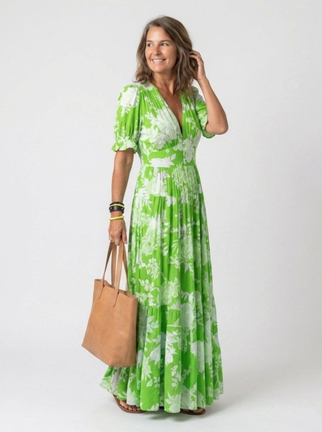 Women's Floral Flutter Sleeve V-Neck Gathered Waist Maxi Dress
