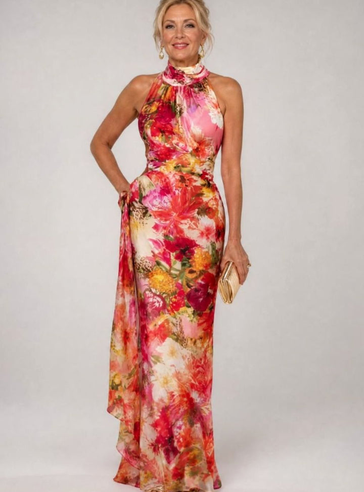 Women's Floral Halter Neck Flowing Maxi Party Dress
