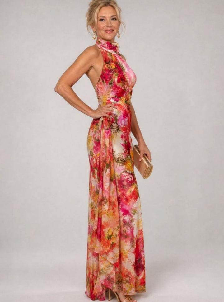 Women's Floral Halter Neck Flowing Maxi Party Dress