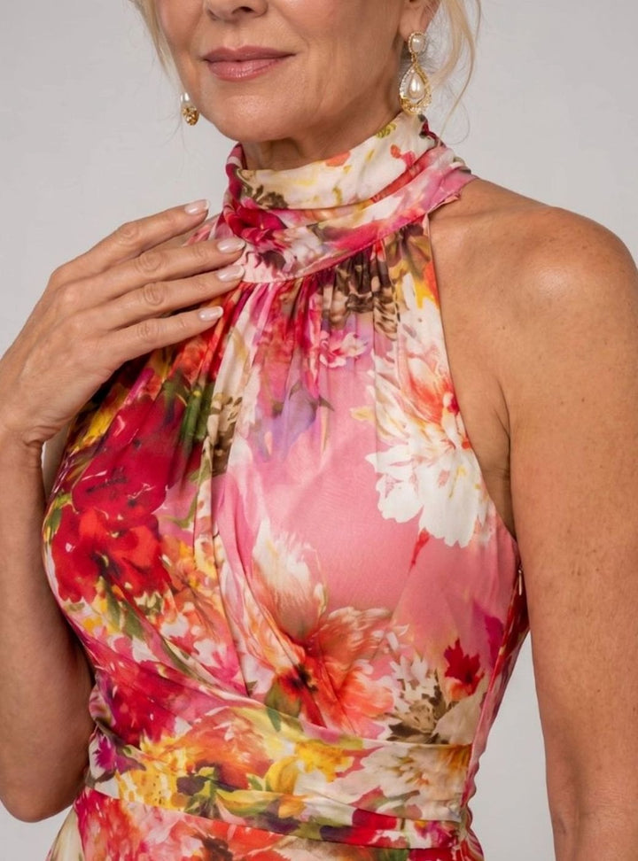 Women's Floral Halter Neck Flowing Maxi Party Dress