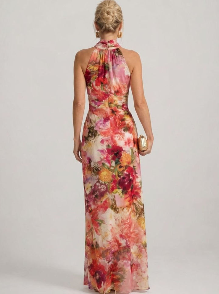 Women's Floral Halter Neck Flowing Maxi Party Dress