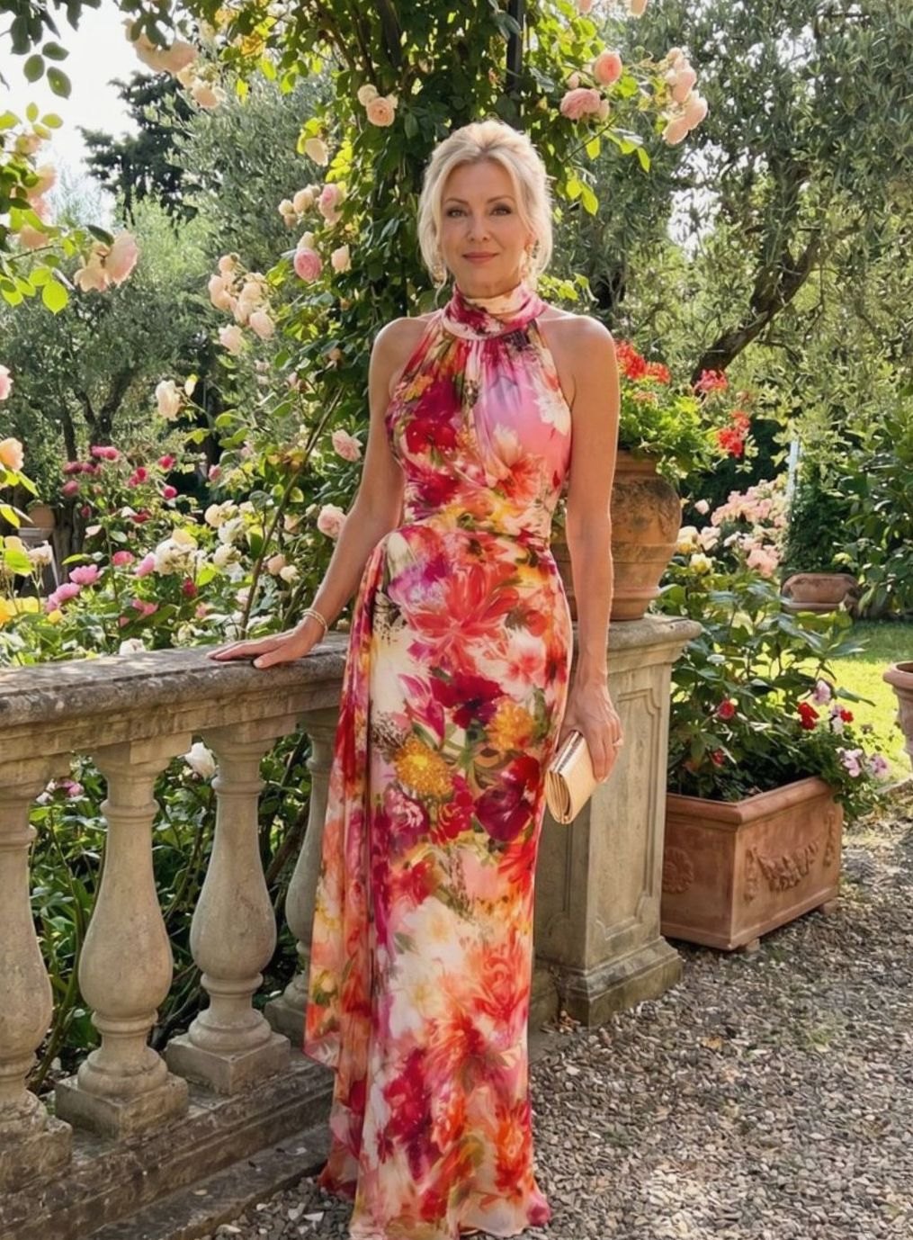Women's Floral Halter Neck Flowing Maxi Party Dress