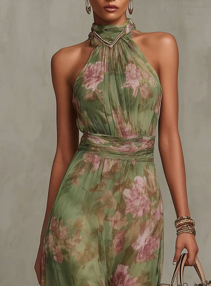 Women's Floral Halter-Neck Pleated Belted Midi Day Dress