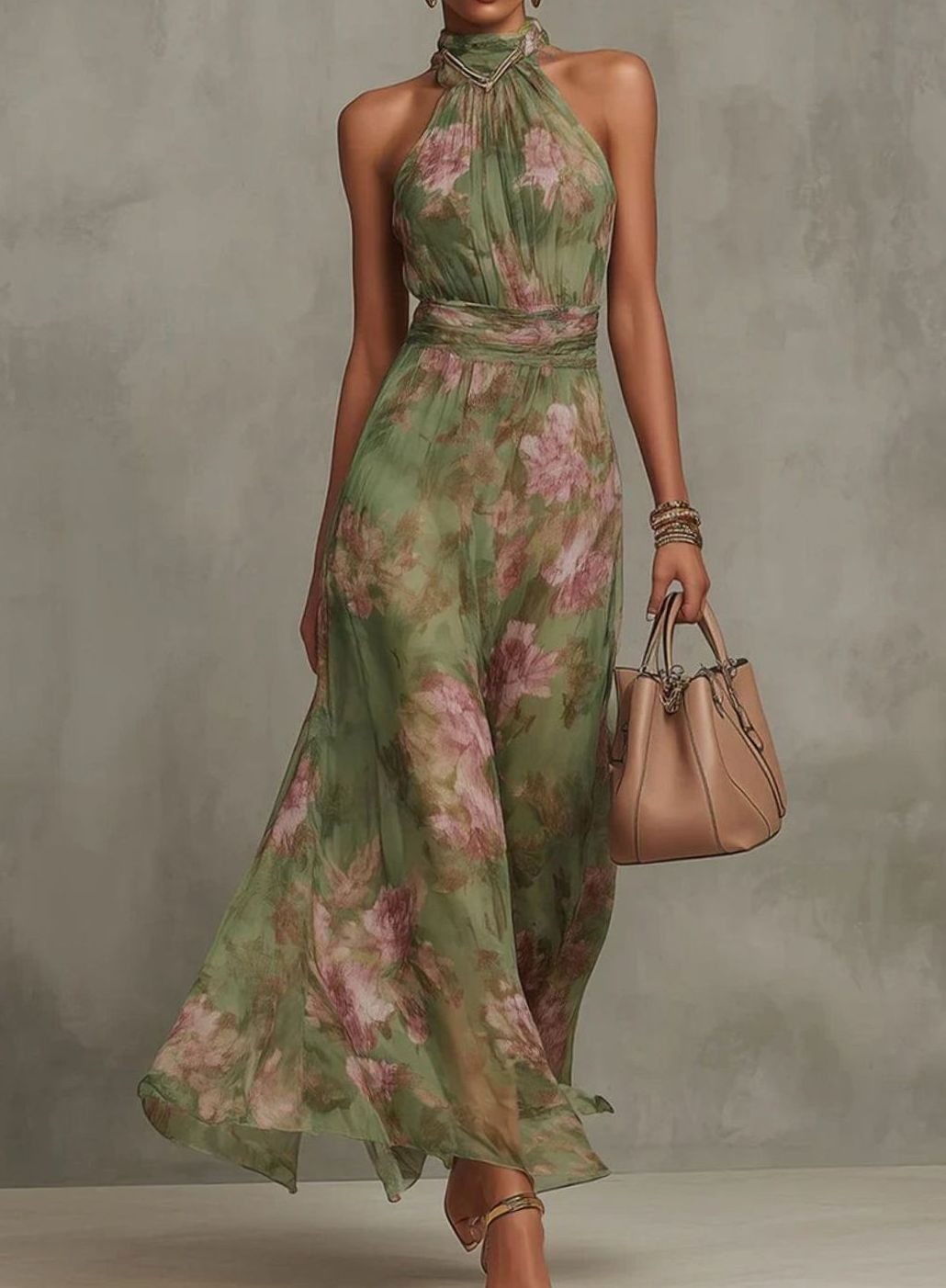 Women's Floral Halter-Neck Pleated Belted Midi Day Dress, Green