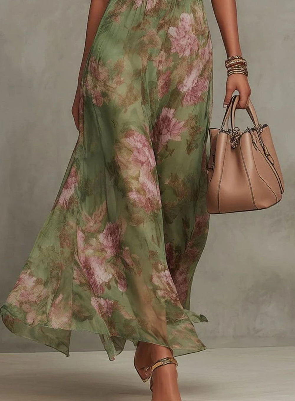 Women's Floral Halter-Neck Pleated Belted Midi Day Dress, Green